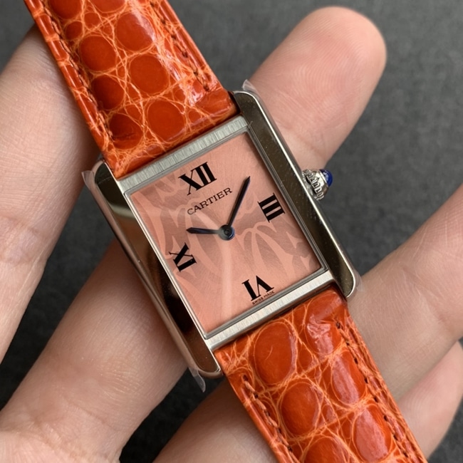 K11 factory top-tier watch Cartier women's tank series pink plate orange belt automatic movementleather strap watch front view