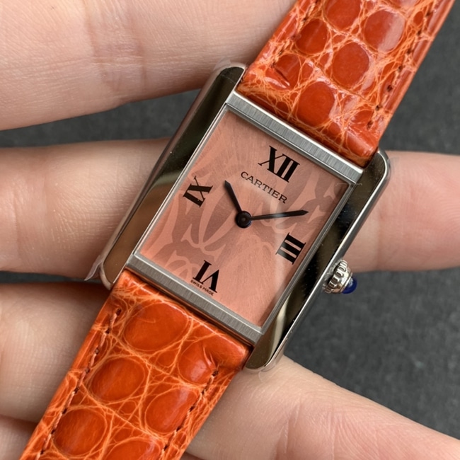 K11 factory top-tier watch Cartier women's tank series pink plate orange belt automatic movementleather strap watch front view