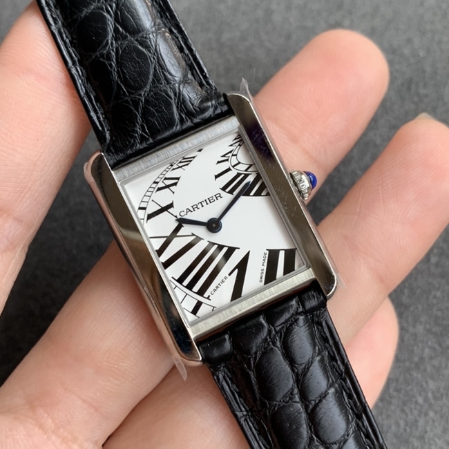 K11 factory top-tier watch Cartier women's white dial black belt tank series leather strap watch front view