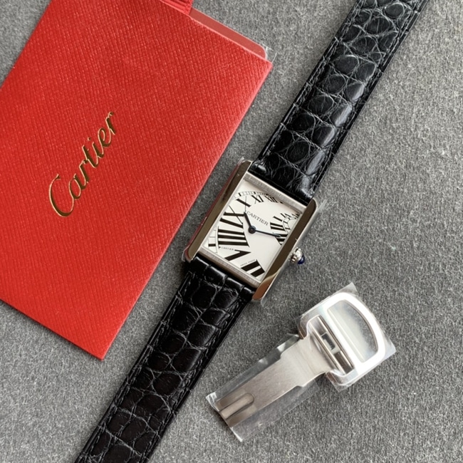 K11 factory top-tier watch Cartier women's white dial black belt tank series leather strap watch front view