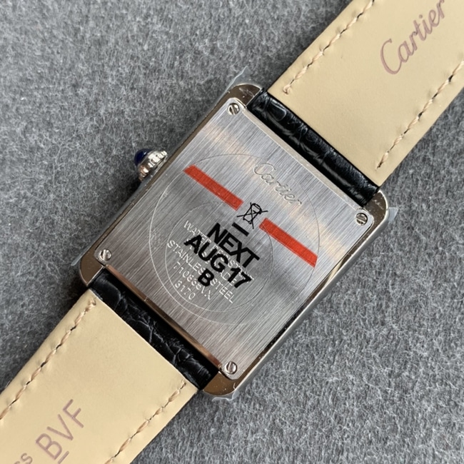 K11 factory top-tier watch Cartier women's white dial black belt tank series leather strap watch back cover picture