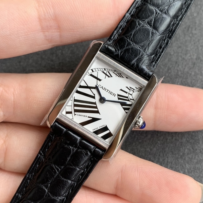 K11 factory top-tier watch Cartier women's white dial black belt tank series leather strap watch front view