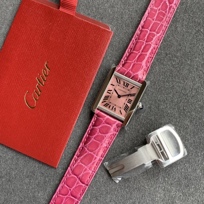 K11 factory top-tier watch Cartier women's tank series pink plate pink belt watch front view