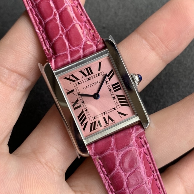 K11 factory top-tier watch Cartier women's tank series pink plate pink belt watch front view