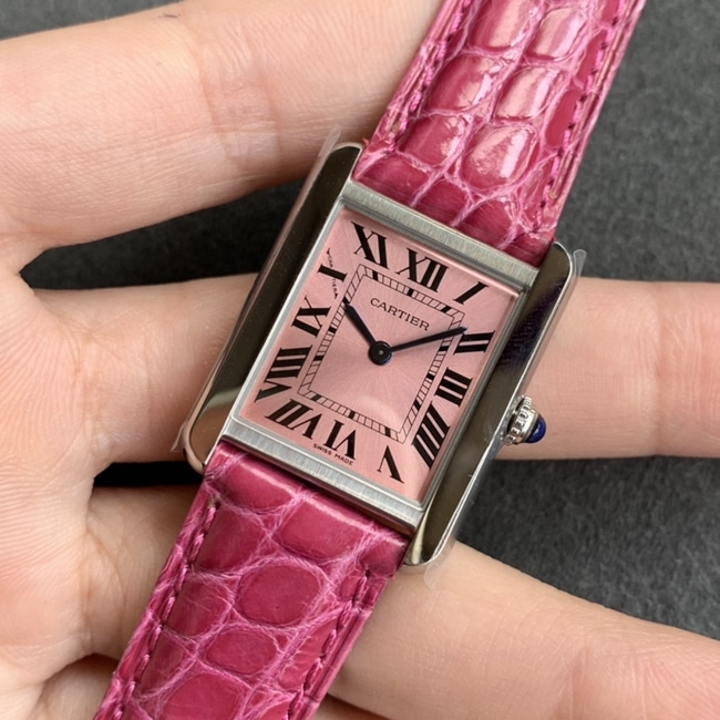 K11 factory top-tier watch Cartier women's tank series pink plate pink belt watch front view