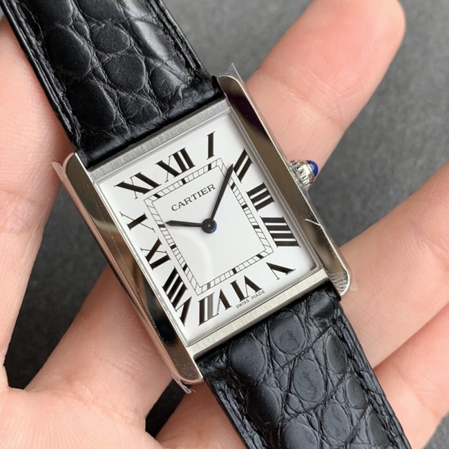 K11 factory Cartiertop-tier watch women's white dial black belt tank series leather strap watch front view