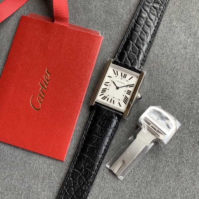 K11 factory Cartiertop-tier watch women's white dial black belt tank series leather strap watch front view