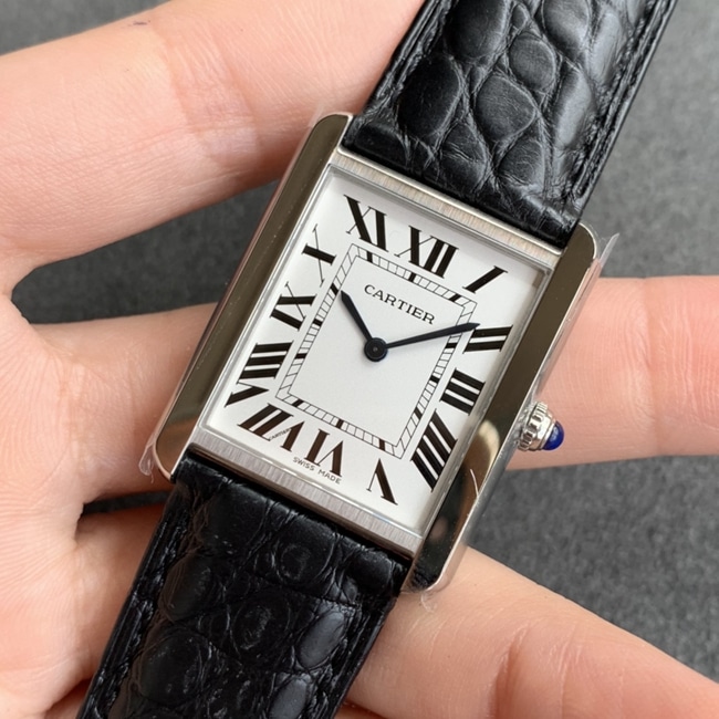 K11 factory Cartiertop-tier watch women's white dial black belt tank series leather strap watch front view