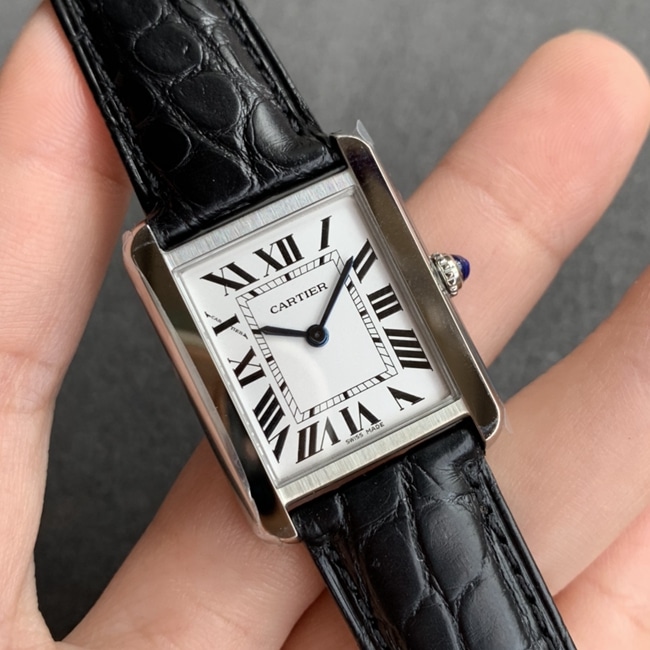 K11 factory top-tier watch Cartier tank series ladies white dial black belt mechanical watch front view