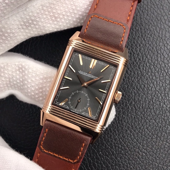 MG factory Jaeger-LeCoultretop-tier watch flip series men's black dial brown belt manual mechanical leather strap watch front view