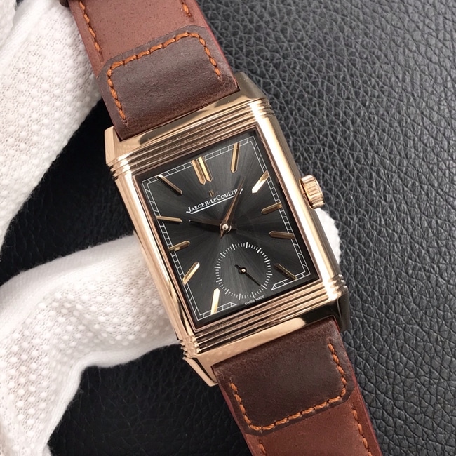 MG factory Jaeger-LeCoultretop-tier watch flip series men's black dial brown belt manual mechanical leather strap watch front view
