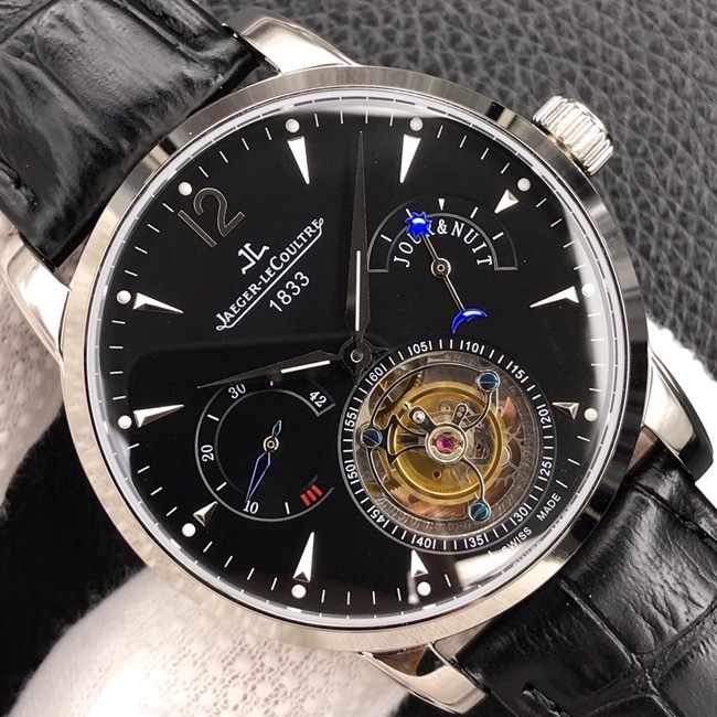 Jaeger-LeCoultretop-tier watch men's black dial black belt multi-function series tourbillon mechanical watch front view