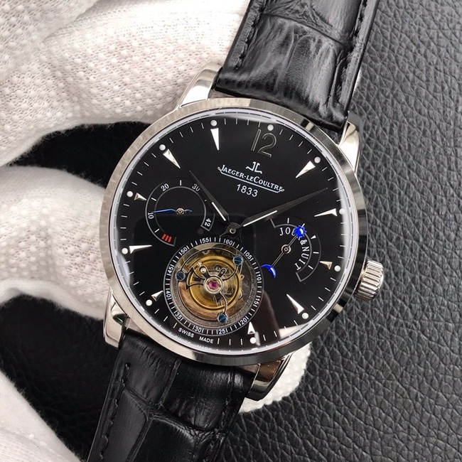 Jaeger-LeCoultretop-tier watch men's black dial black belt multi-function series tourbillon mechanical watch front view