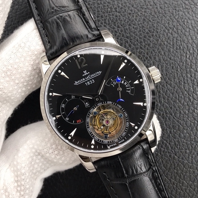 Jaeger-LeCoultretop-tier watch men's black dial black belt multi-function series tourbillon mechanical watch front view