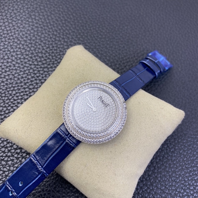 Piaget top-tier watch white dial blue belt POSSESSION series ladies quartz watch front view