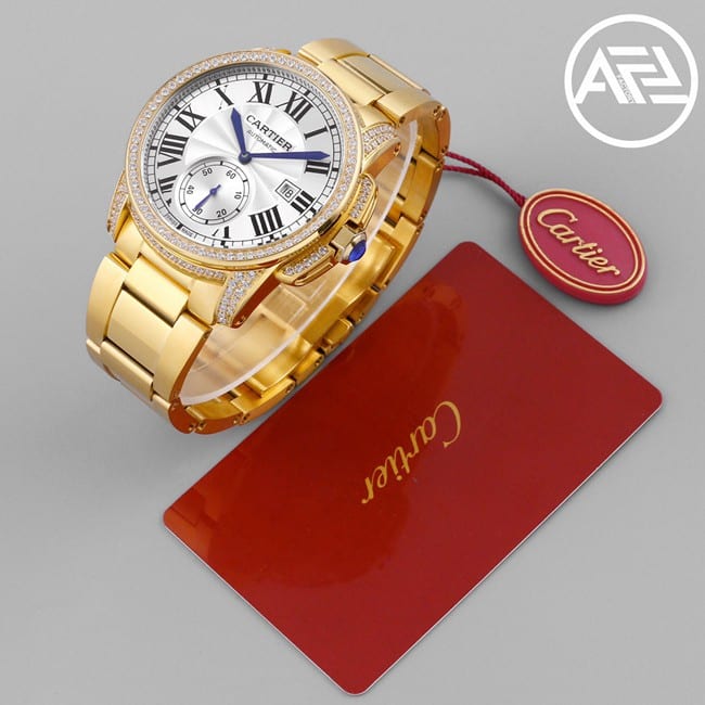 top-tier watch Cartier men's automatic movement white dial gold steel bracelet Kalibo series watch front view
