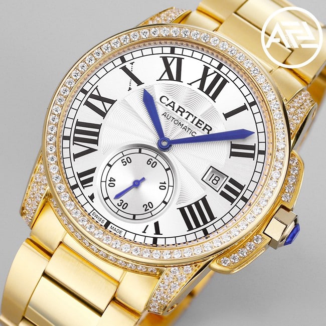 top-tier watch Cartier men's automatic movement white dial gold steel bracelet Kalibo series watch front view