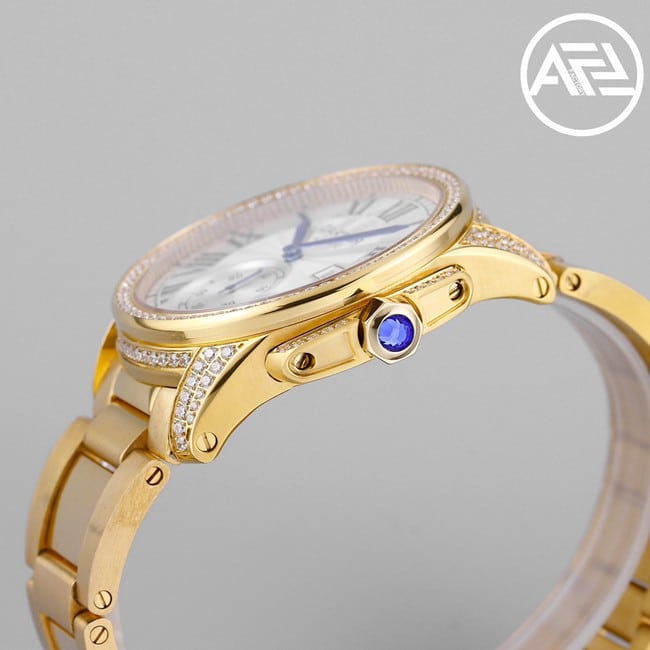 top-tier watch Cartier men's automatic movement white dial gold steel bracelet Kalibo series watch side view