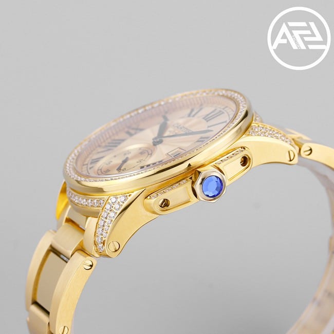 top-tier watch Cartier men's gold plate gold steel bracelet automatic movement Kalibo series watch side view