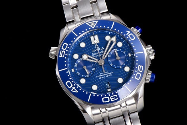 OM Factorytop-tier watch Omega men's 44mm Seamaster 300m blue dialsteel braceletchronograph watch front view