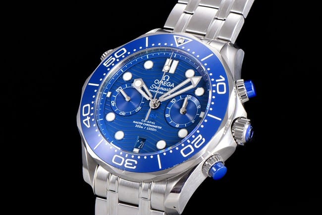 OM Factorytop-tier watch Omega men's 44mm Seamaster 300m blue dialsteel braceletchronograph watch front view