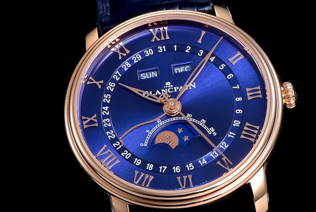 OM FactoryBlancpaintop-tier watch men's blue dial blue belt villeret classic 6654 new V3 upgraded leather strap watch front view