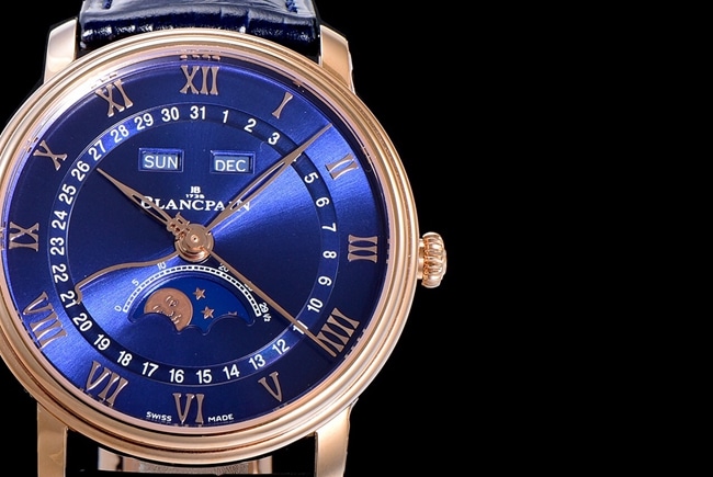 OM FactoryBlancpaintop-tier watch men's blue dial blue belt villeret classic 6654 new V3 upgraded leather strap watch detail shots