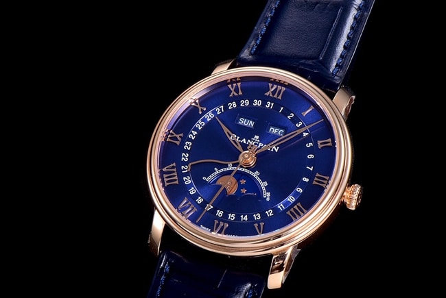 OM FactoryBlancpaintop-tier watch men's blue dial blue belt villeret classic 6654 new V3 upgraded leather strap watch front view