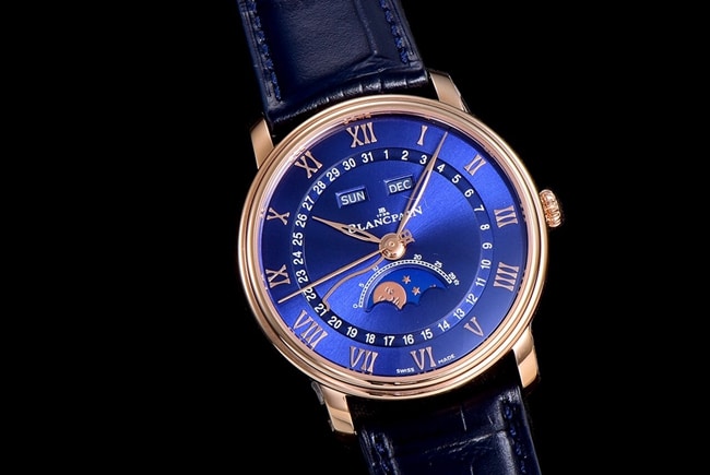 OM FactoryBlancpaintop-tier watch men's blue dial blue belt villeret classic 6654 new V3 upgraded leather strap watch front view