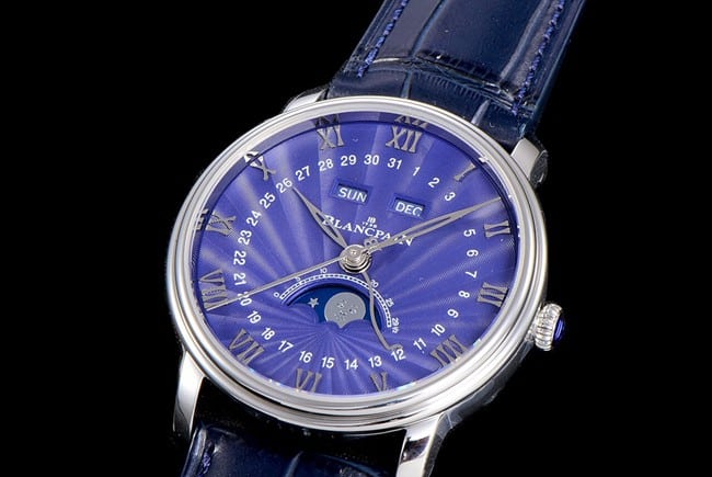 OM Factorytop-tier watch Blancpain automatic movement men's blue dial blue belt villeret classic leather strap watch front view