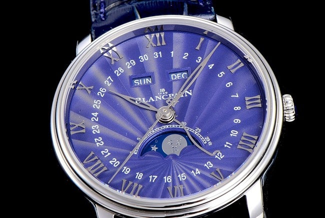 OM Factorytop-tier watch Blancpain automatic movement men's blue dial blue belt villeret classic leather strap watch front view