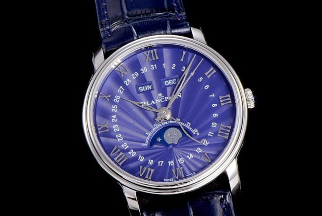 OM Factorytop-tier watch Blancpain automatic movement men's blue dial blue belt villeret classic leather strap watch front view