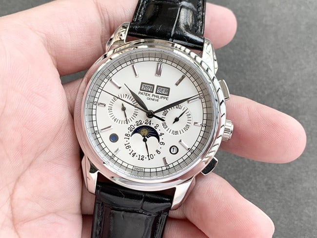 top-tier watch Patek Philippe men's white dial black belt super complex function chronograph series leather strap watch front view