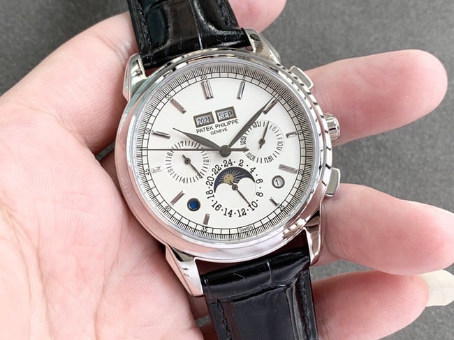 top-tier watch Patek Philippe men's white dial black belt super complex function chronograph series leather strap watch front view