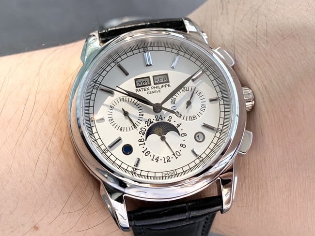top-tier watch Patek Philippe men's white dial black belt super complex function chronograph series leather strap watch front view