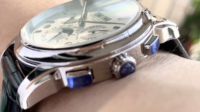 top-tier watch Patek Philippe men's white dial black belt super complex function chronograph series leather strap watch detail shots