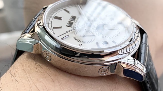 top-tier watch Patek Philippe men's white dial black belt super complex function chronograph series leather strap watch detail shots