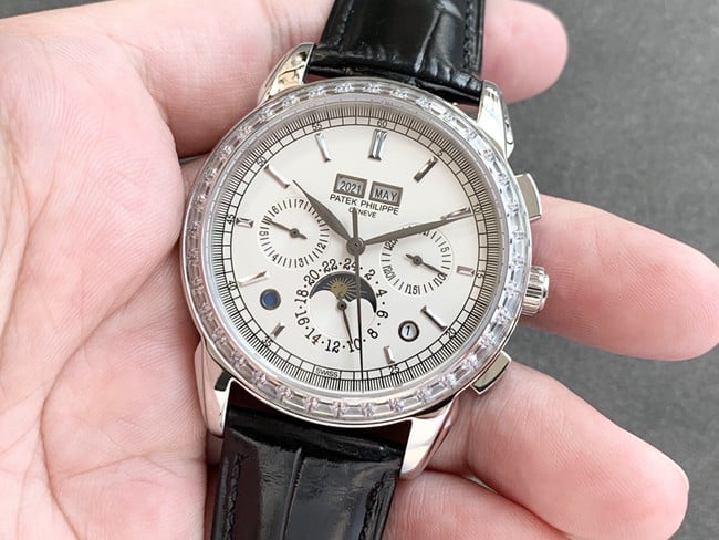 Patek Philippetop-tier watch complex function chronograph series men's white dialleather strap watch front view