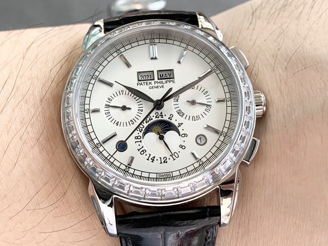 Patek Philippetop-tier watch complex function chronograph series men's white dialleather strap watch front view