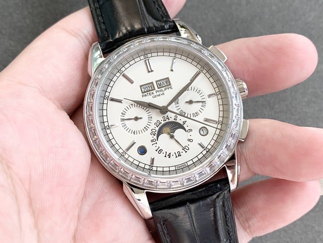 Patek Philippetop-tier watch complex function chronograph series men's white dialleather strap watch front view