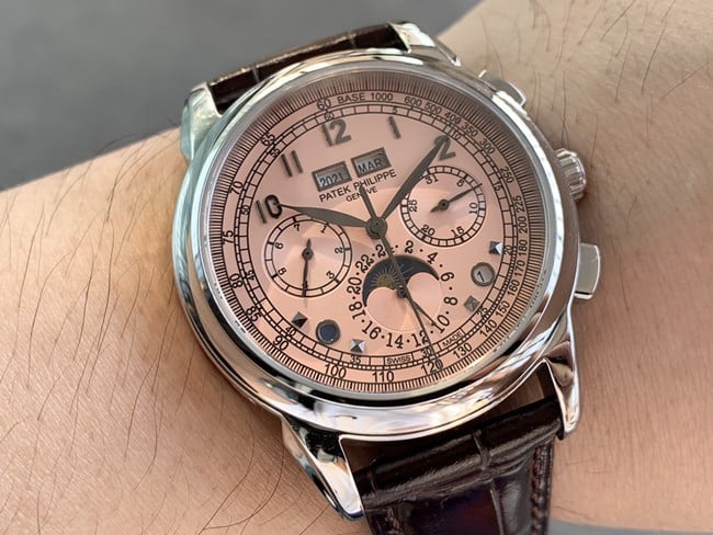 top-tier watch Patek Philippe men's pink plate brown belt super complex function series leather strap watch front view