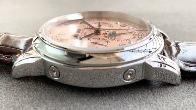 top-tier watch Patek Philippe men's pink plate brown belt super complex function series leather strap watch side view