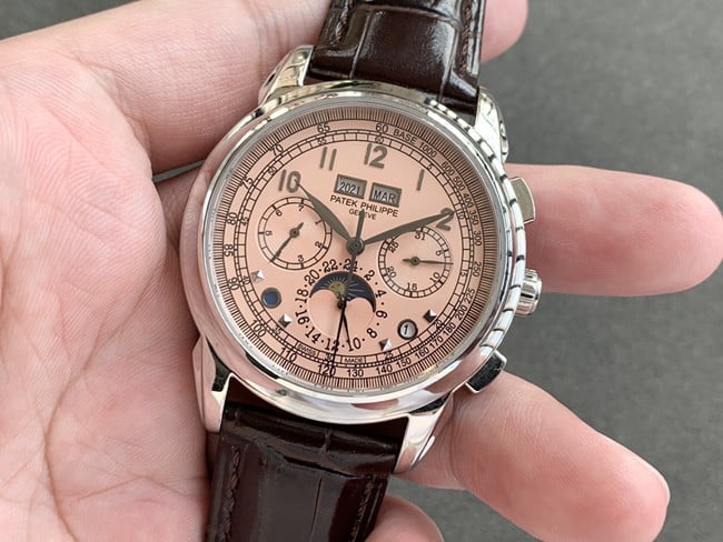 top-tier watch Patek Philippe men's pink plate brown belt super complex function series leather strap watch front view