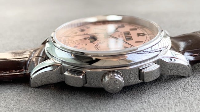 top-tier watch Patek Philippe men's pink plate brown belt super complex function series leather strap watch side view