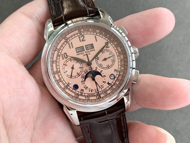 top-tier watch Patek Philippe men's pink plate brown belt super complex function series leather strap watch front view