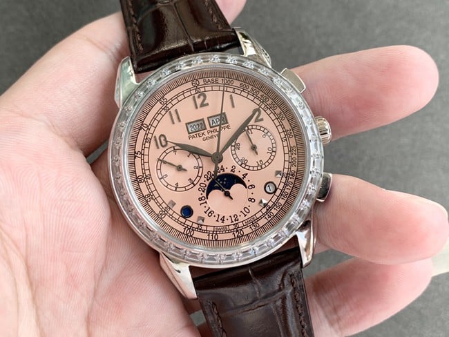 Patek Philippetop-tier watch pink plate brown belt complex function series men's leather strap watch front view