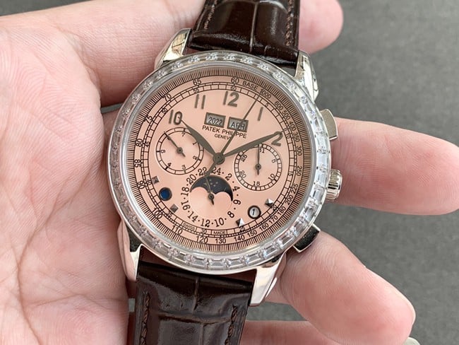 Patek Philippetop-tier watch pink plate brown belt complex function series men's leather strap watch front view