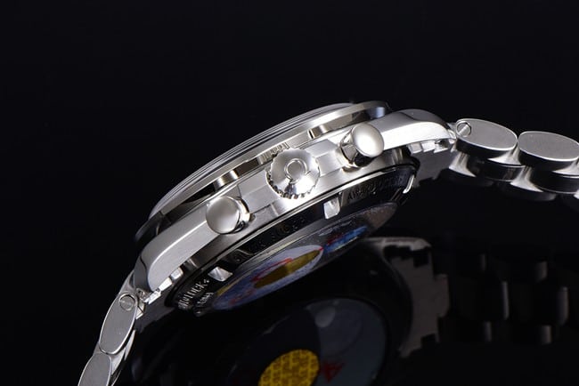 Top Omega men's watch, white dial, steel strap, Snoopy series, automatic mechanical watch, side view