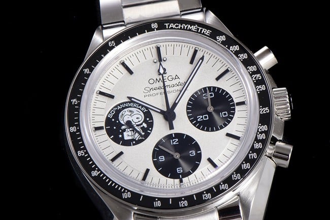 Top Omega Snoopy series men's white dial steel strap mechanical watch front view
