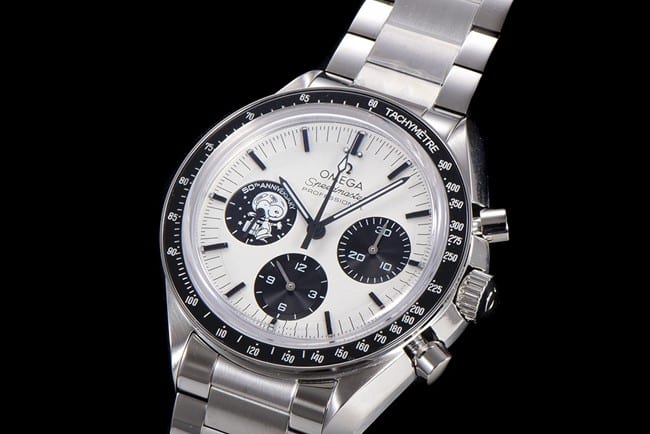 Top Omega Snoopy series men's white dial steel strap mechanical watch front view